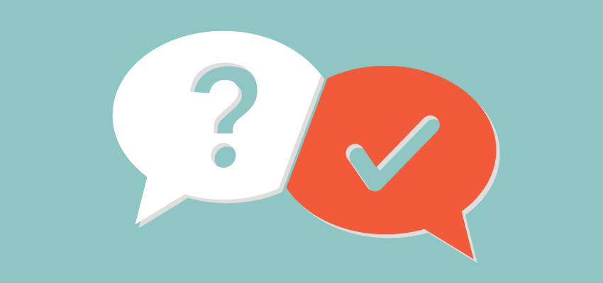 Two speech bubbles overlapping; one is white with a question mark and the other is orange with a checkmark, symbolizing an answered question
